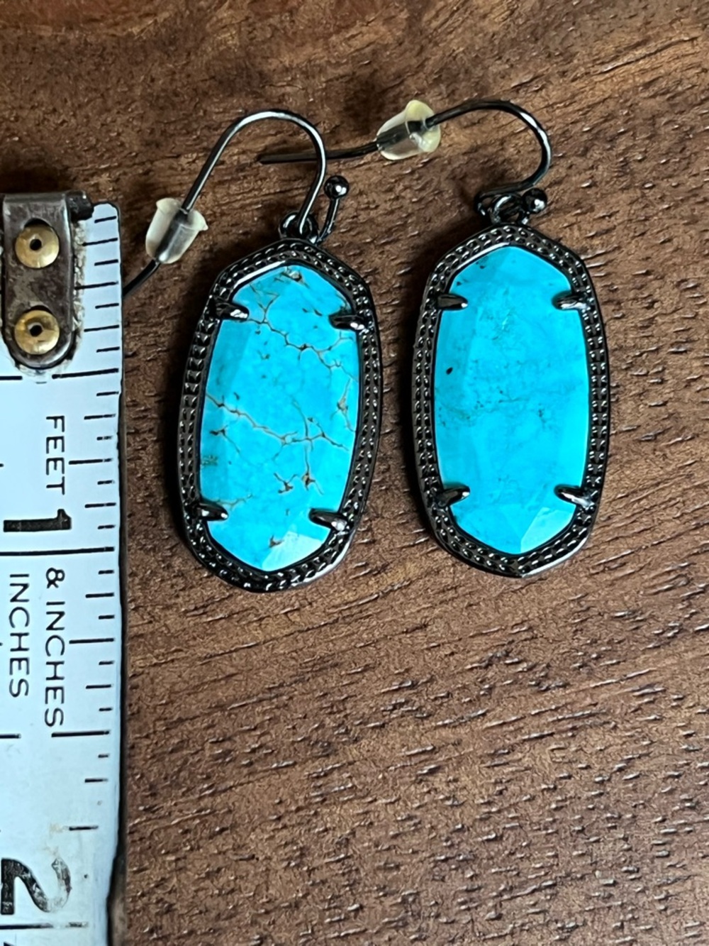 EUC Kendra Scott variegated  Teal Drop Earrings in gunmetal - Picture 3 of 4